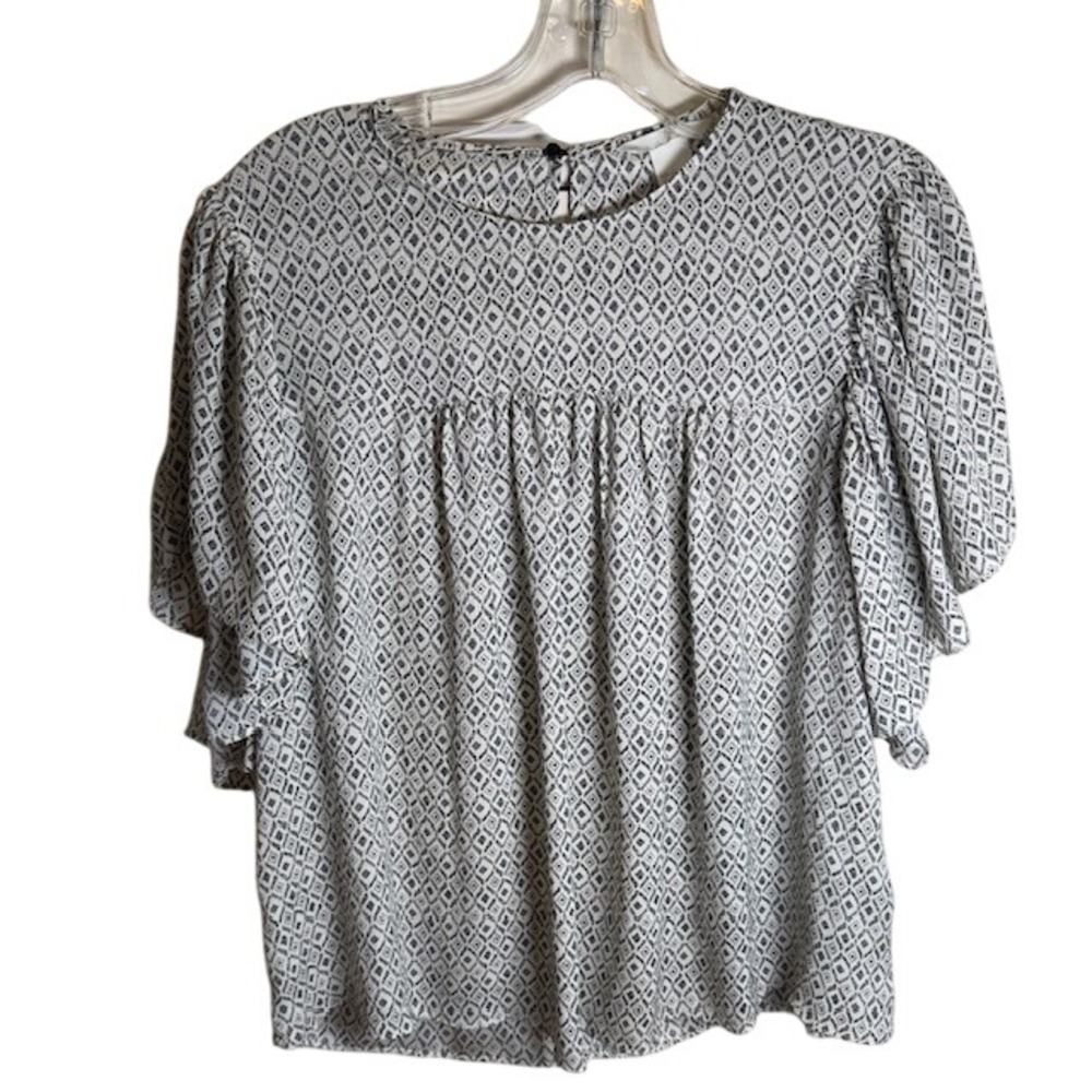 HM Geometric Print Flutter Sleeve Blouse Black Workwear White Size 2‎ Crepe Top
